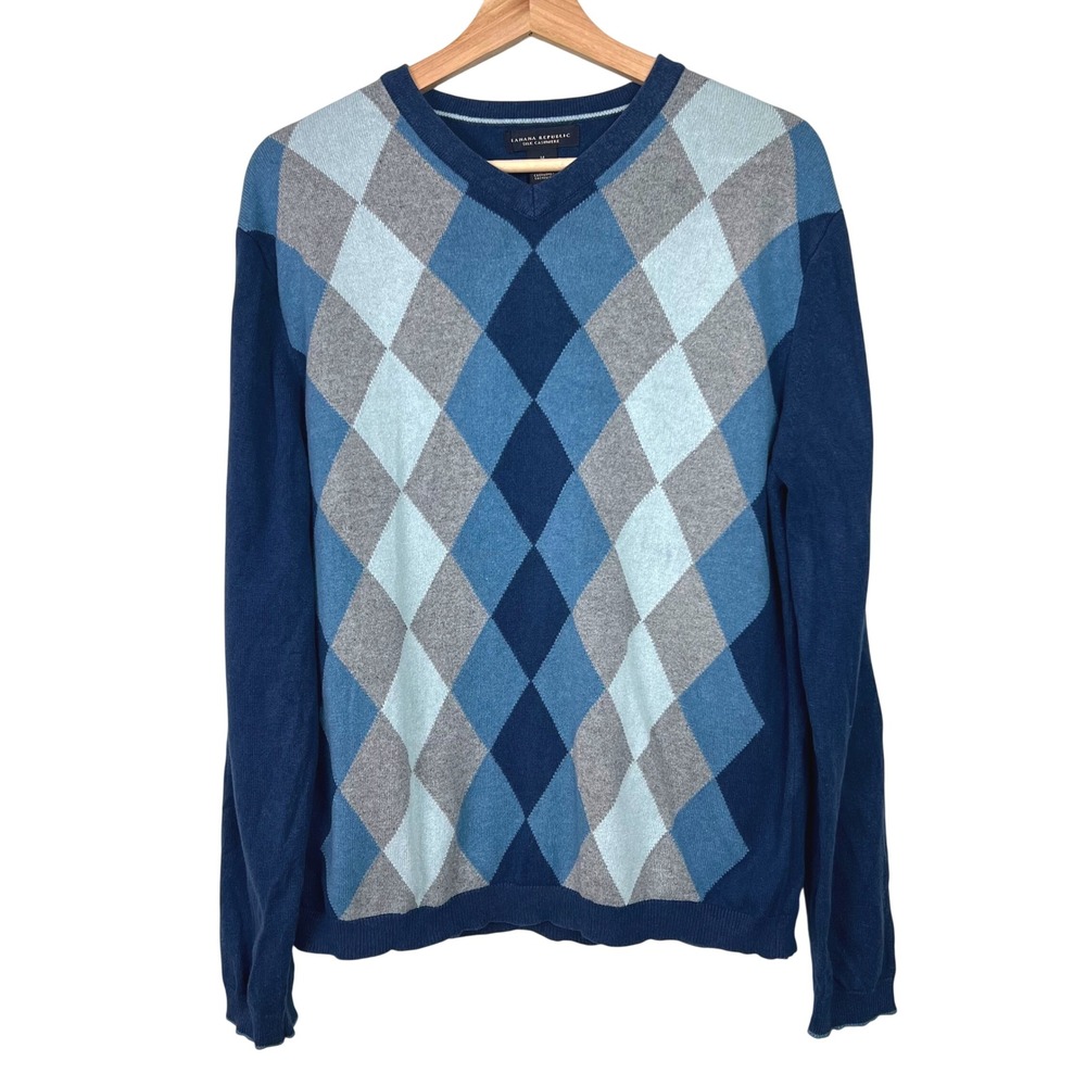 Banana Republic Mens Blue Argyle Silk Cashmere V-Neck Sweater Elbow Patches M‎